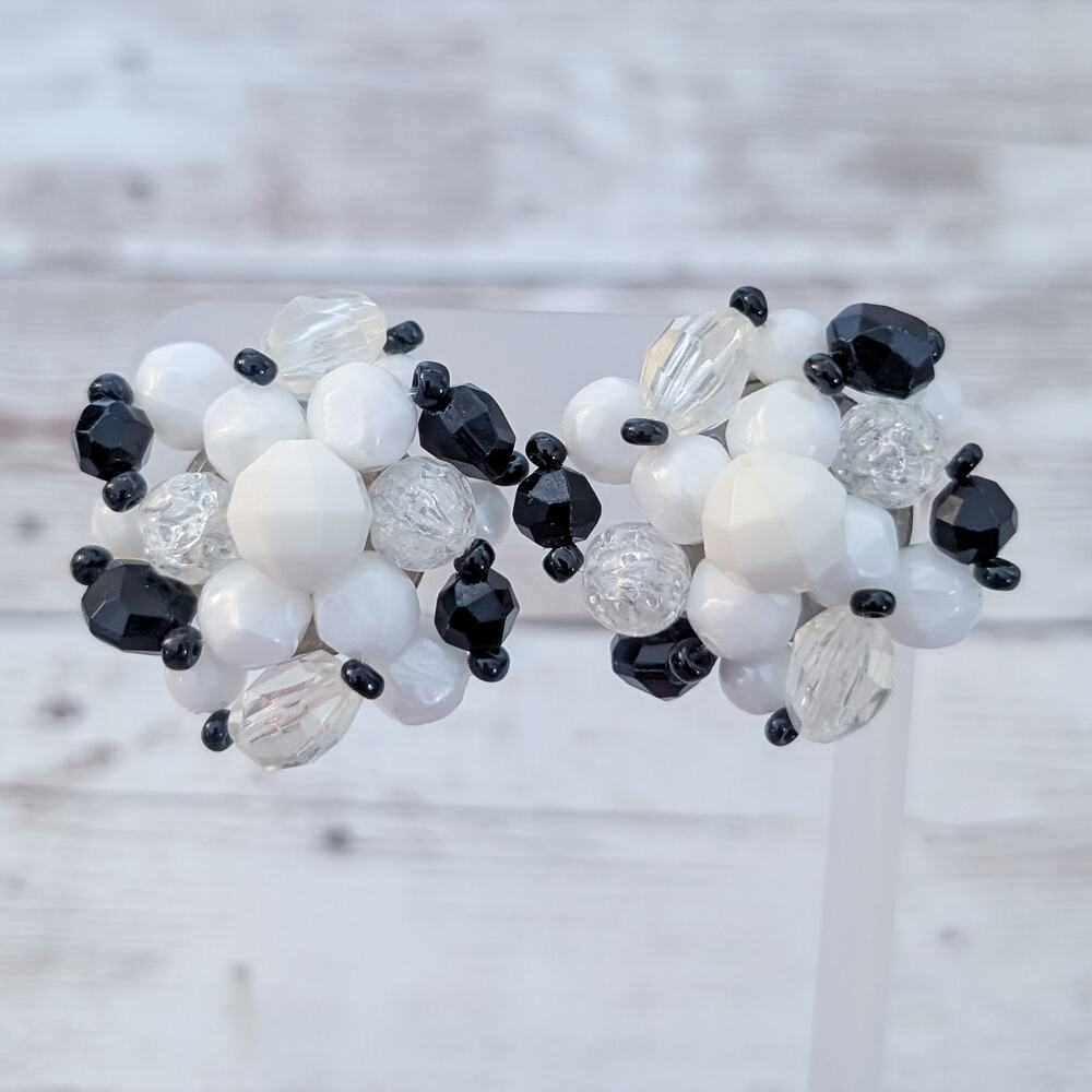 Vintage Clip On Earrings Large Black & White Cluster Stamped Germany 1 & 3/8"